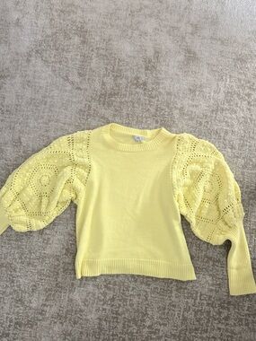 Fate Yellow Puff-Sleeve Crochet Crewneck Sweater